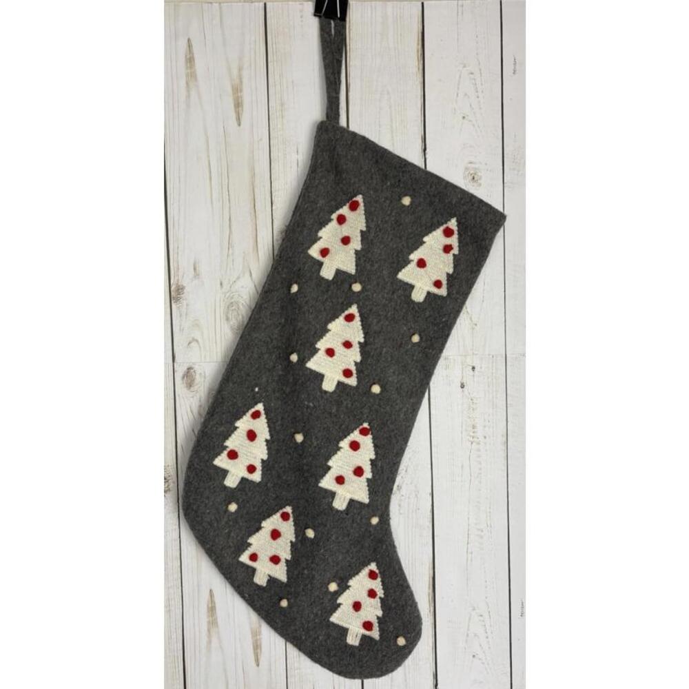 Rachel Zoe Xmas Stocking Holiday Trees Embroidered Gray 1829
